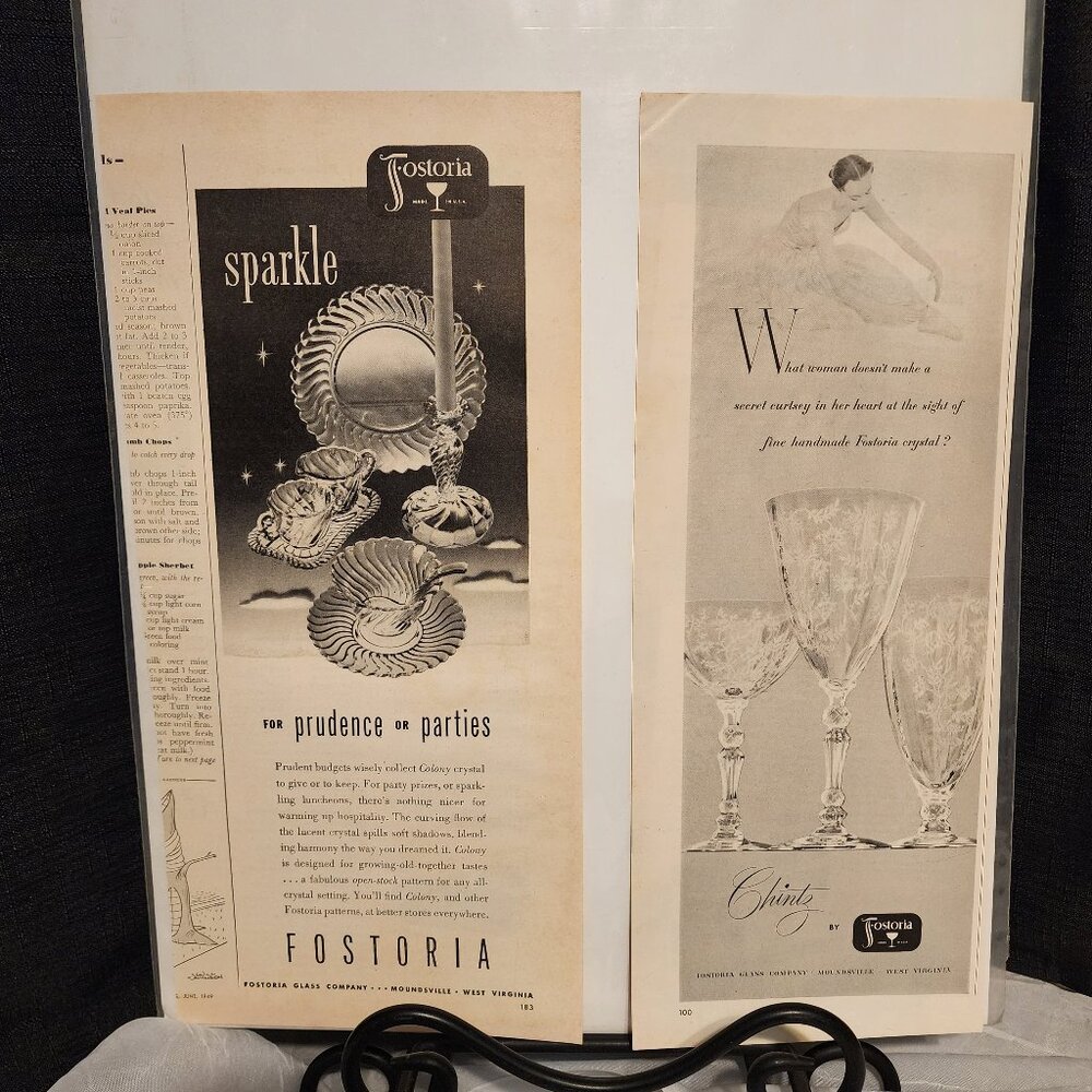 Fostoria Crystal Vintage Advertisement - 2 Pieces